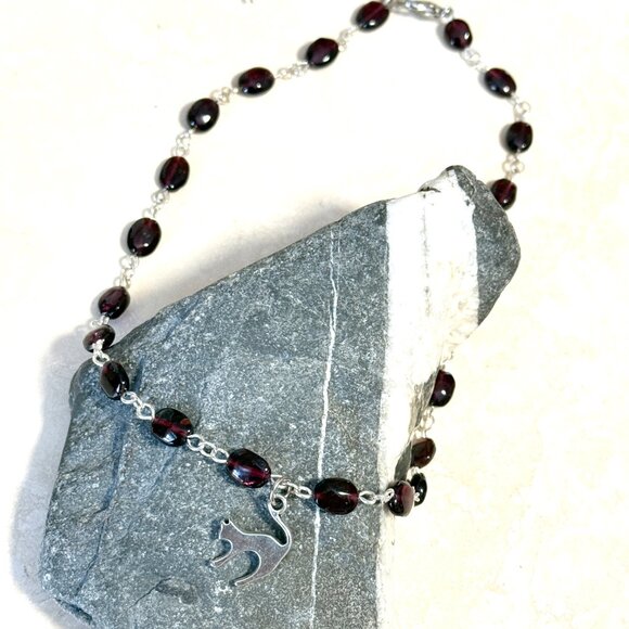 Genuine Garnet Short Necklace, Natural Gemstone w/ Slim Cat Pendant - Picture 6 of 15